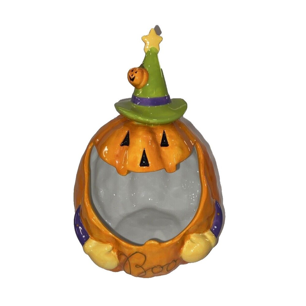 Jack O Lantern Halloween Pumpkin Witch 12" Decorative Candy Holder Large Ceramic
